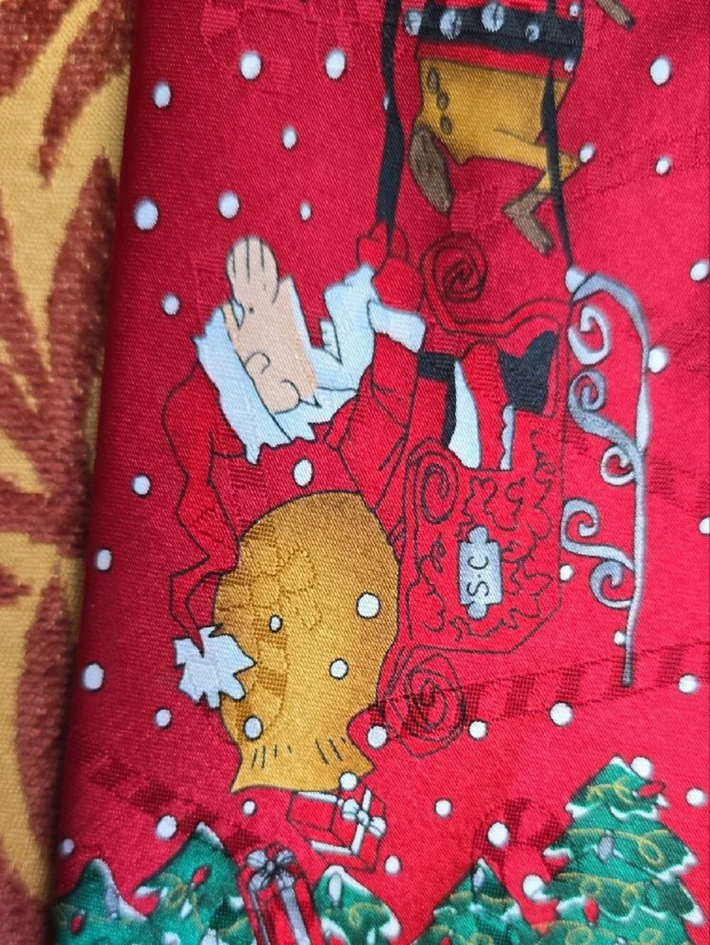 Festive Red Holiday Tie with Santa and Reindeer Motif